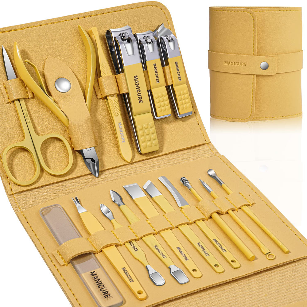 Leipple kit manucure 16 pièces dans un étui cuir jaune, pratique en voyage.