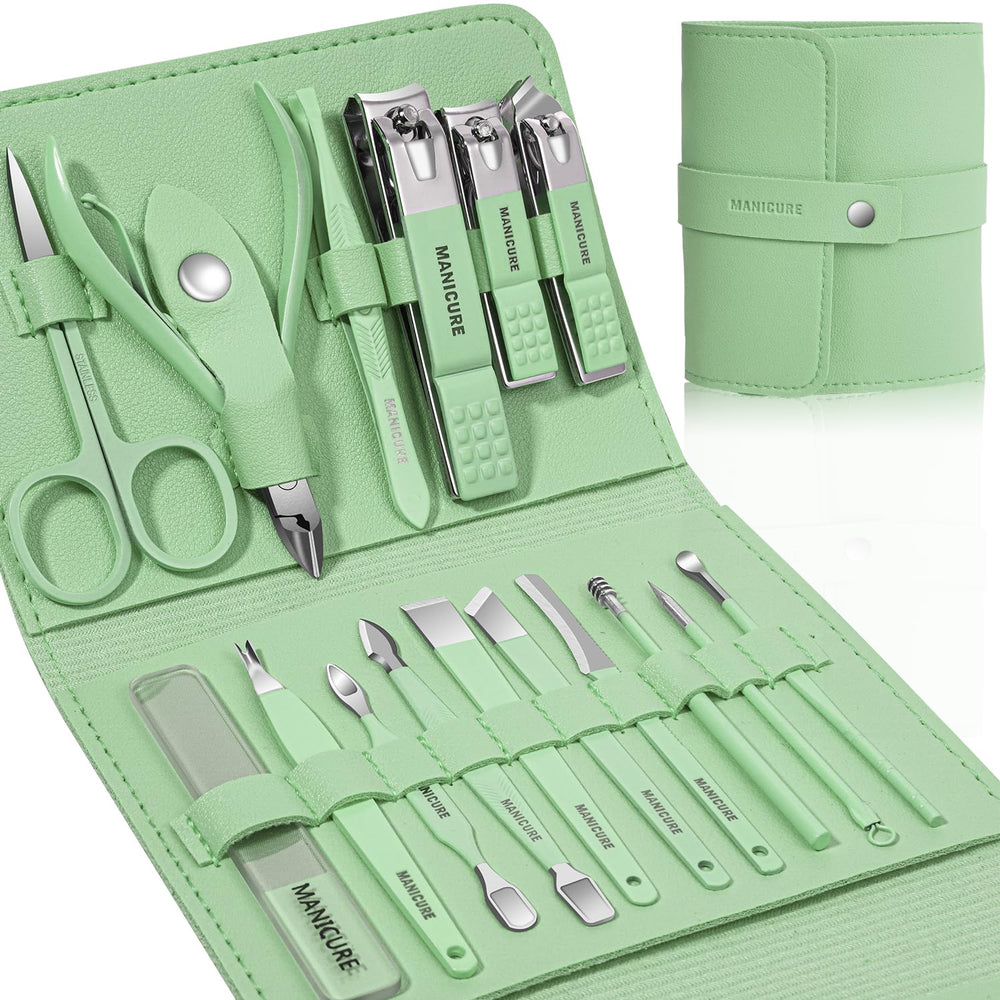 Leipple set manucure professionnel 16 pièces dans étui cuir vert, pratique en voyage.