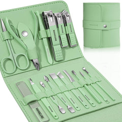 Leipple set manucure professionnel 16 pièces dans étui cuir vert, pratique en voyage.