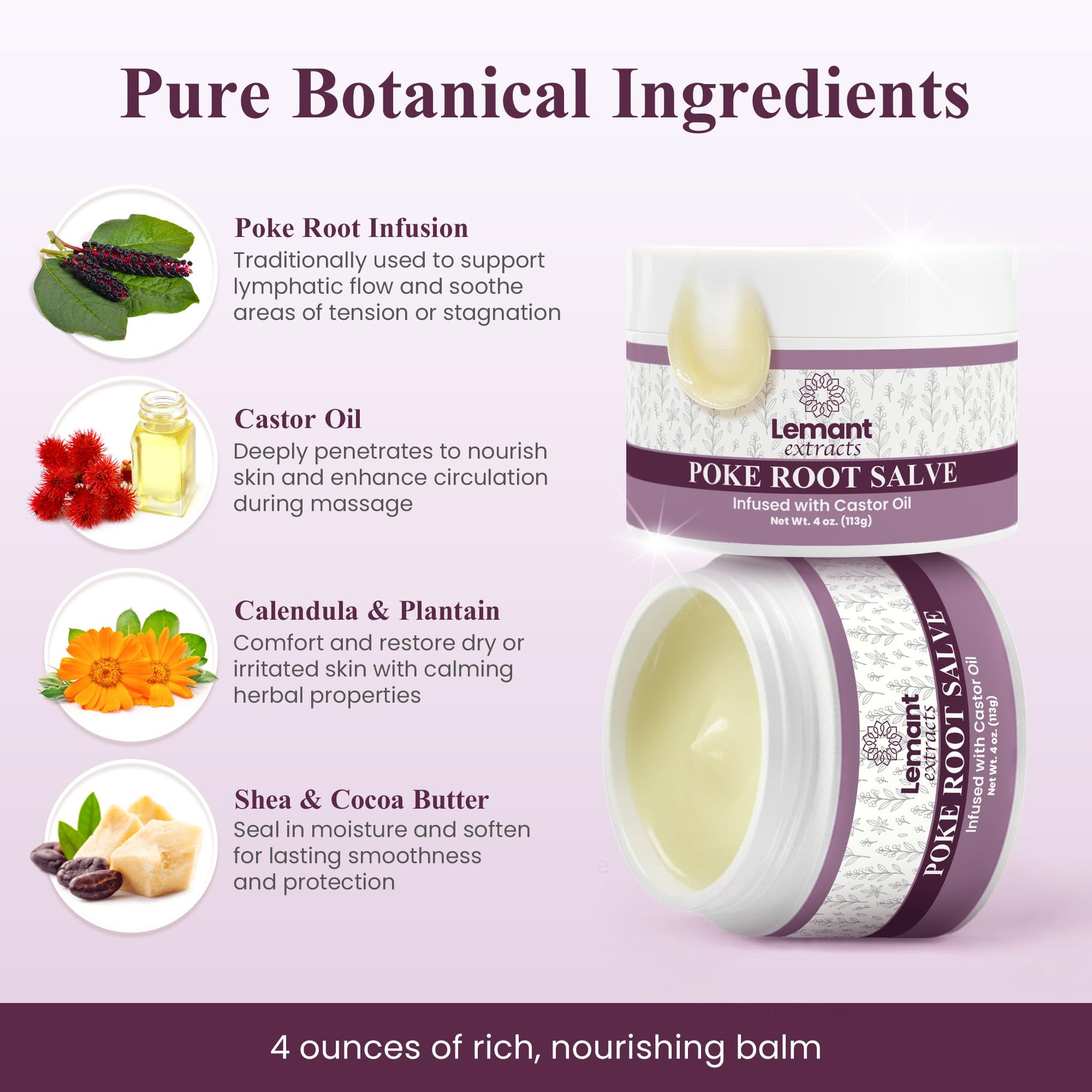 Infusion racine poke et huile de ricin pour soin ciblé de la peau.