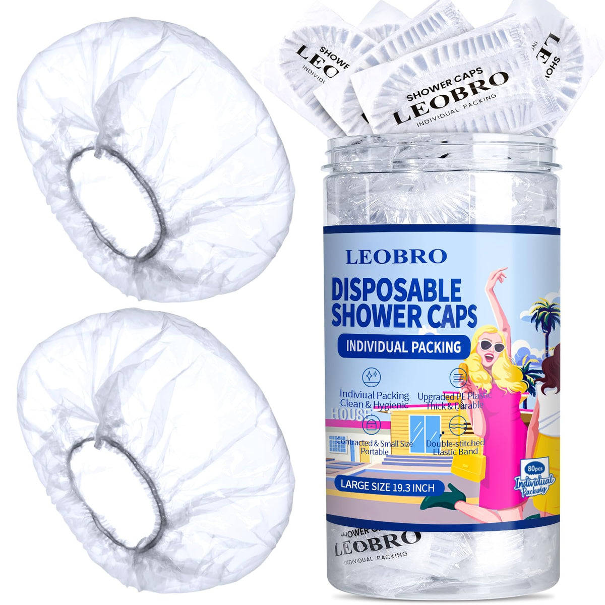 LEOBRO bonnet douche jetable grand, emballage individuel pour usage portable et hygiénique.