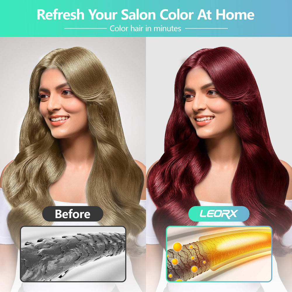 Leorx shampoing-colorant rouge vin, applicateur-crème facilitant une couverture homogène.