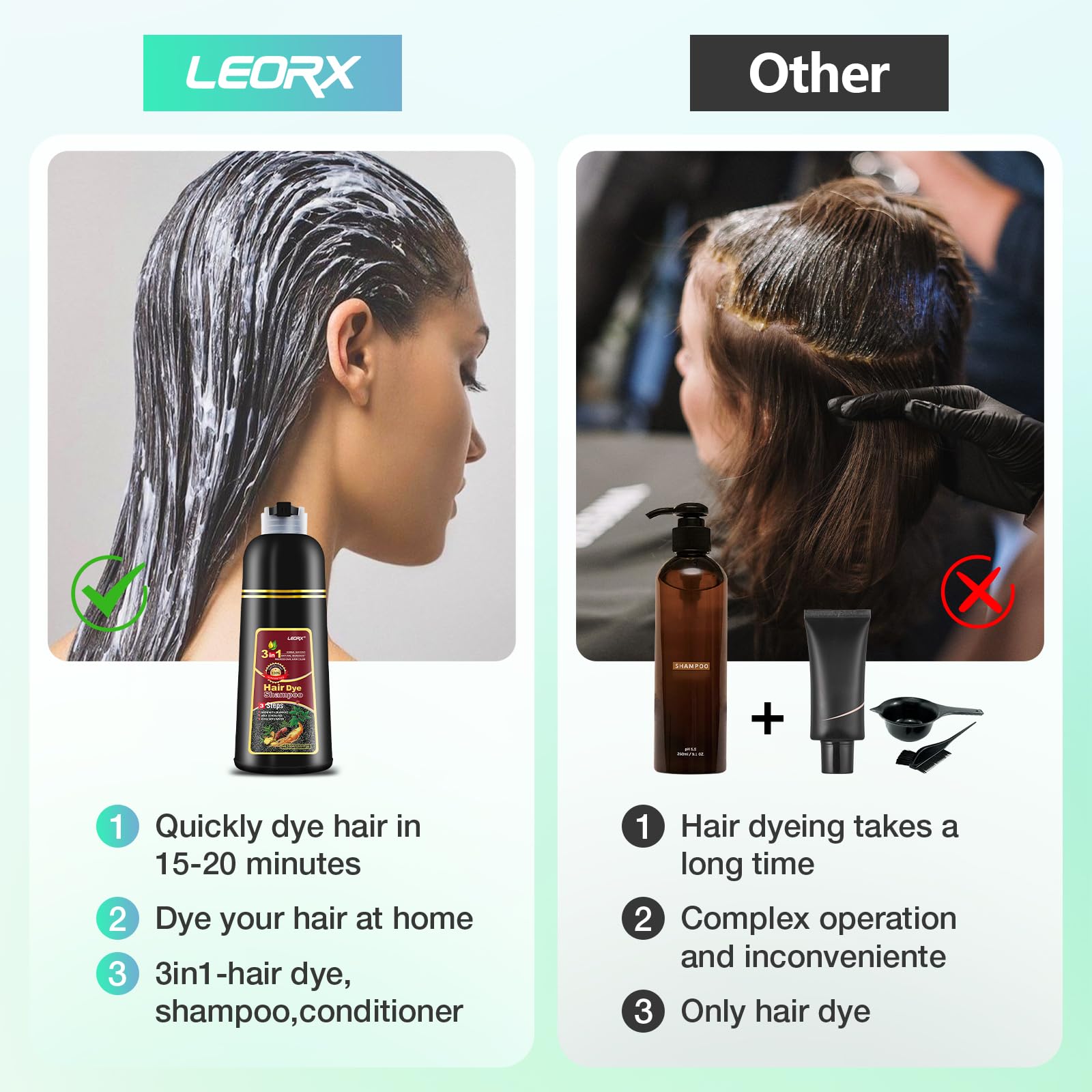 Leorx shampoing-colorant rouge vin, texture-crème pour une application nette.