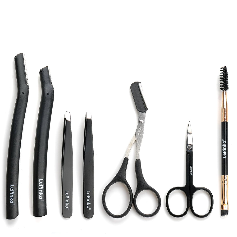 LePinko kit 7-en-1 pour sourcils, vue d’ensemble du coffret complet.