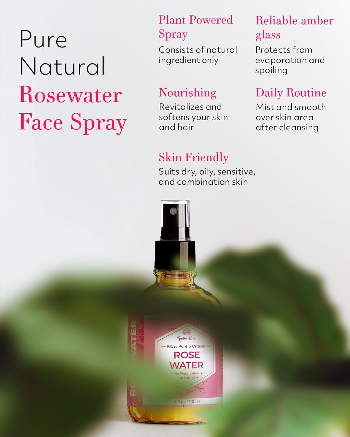 Leven Rose brume eau de rose pour le visage, rafraîchissante.