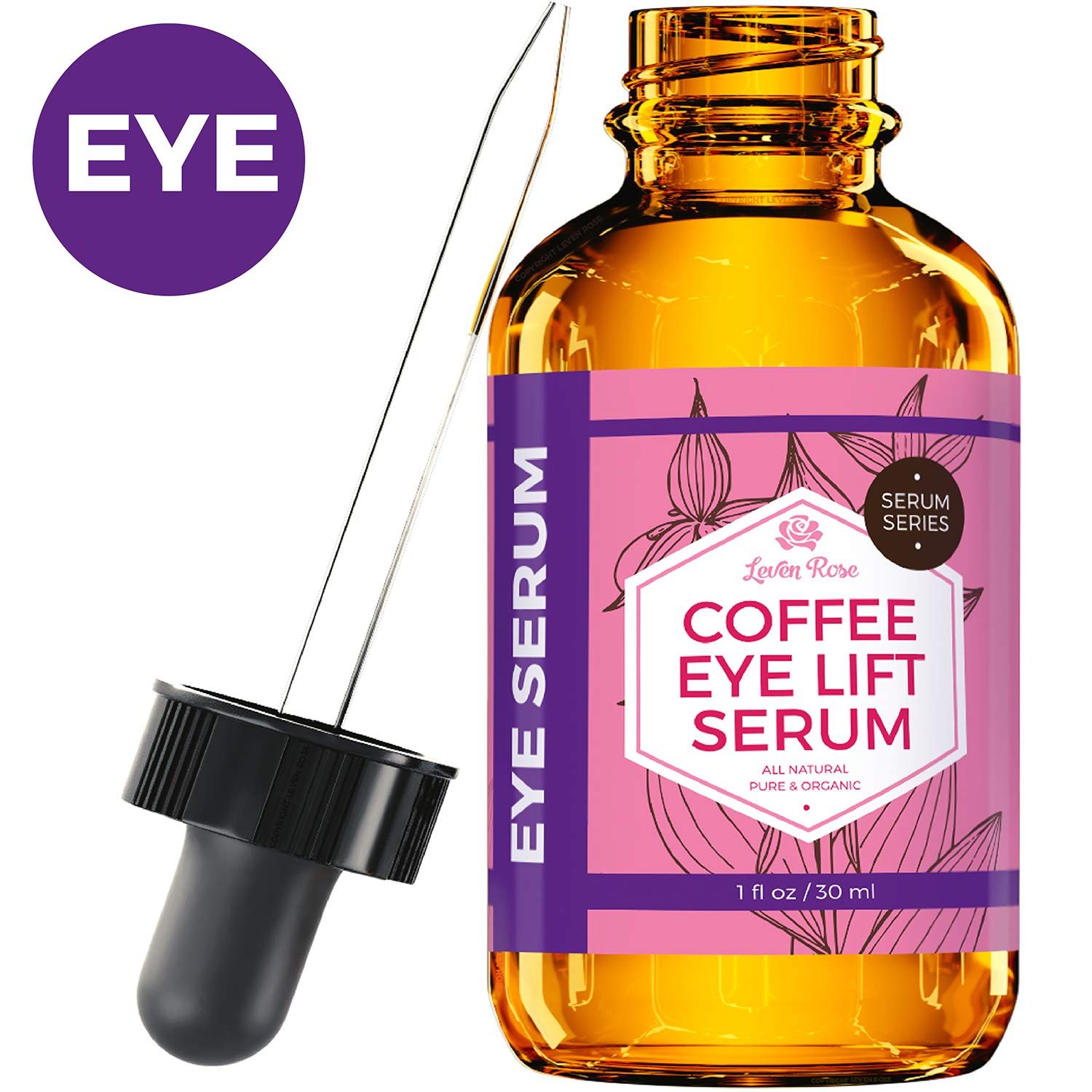 Leven Rose Coffee Oil Eyes bottle closeup highlighting brightening under-eye care