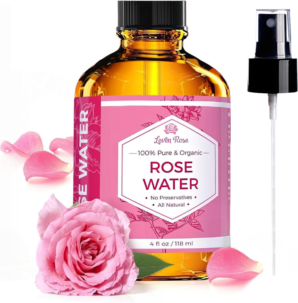 Leven Rose eau de rose pour le visage, flacon et hydratation douce.