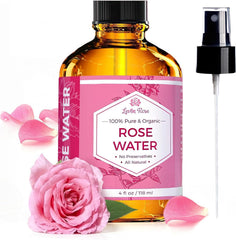 Leven Rose eau de rose pour le visage, flacon et hydratation douce.
