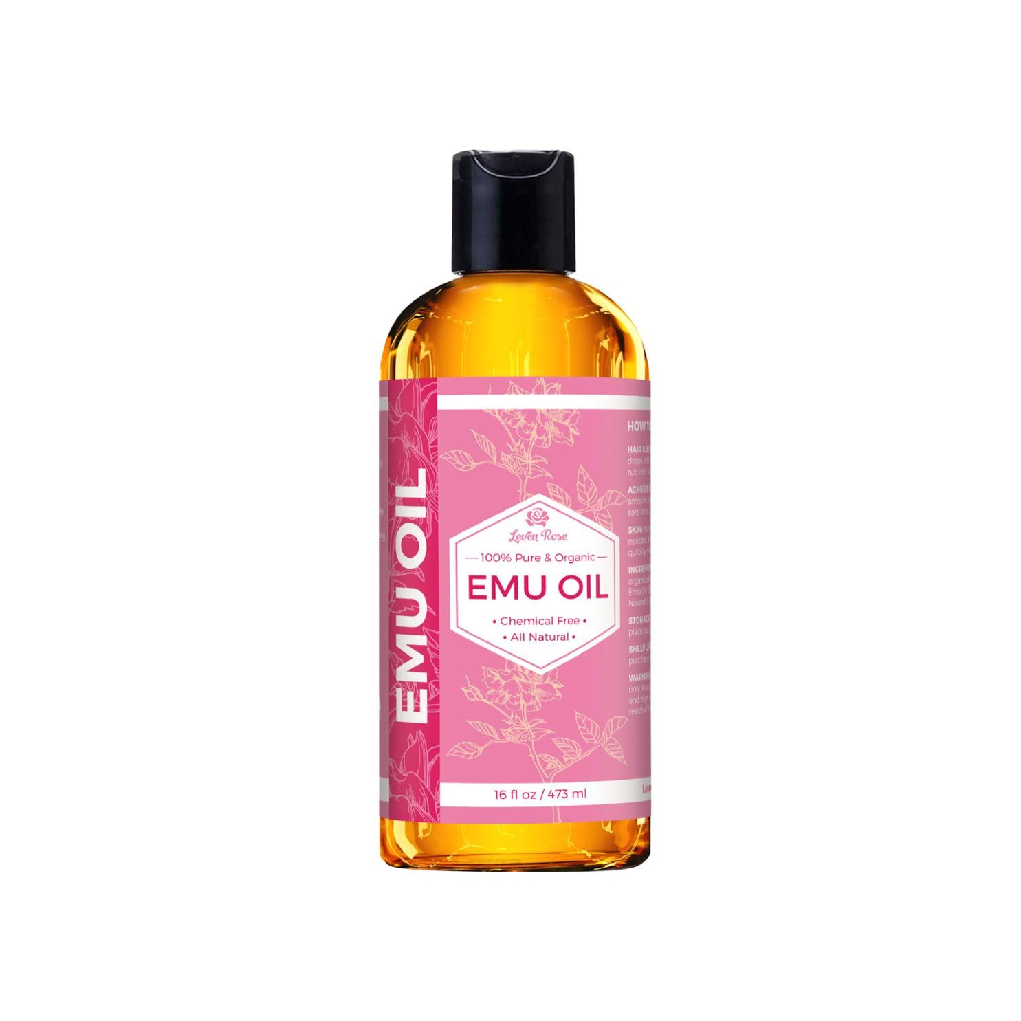 Leven Rose Emu Oil, bouteille ambrée, hydratation rapide pour peau.