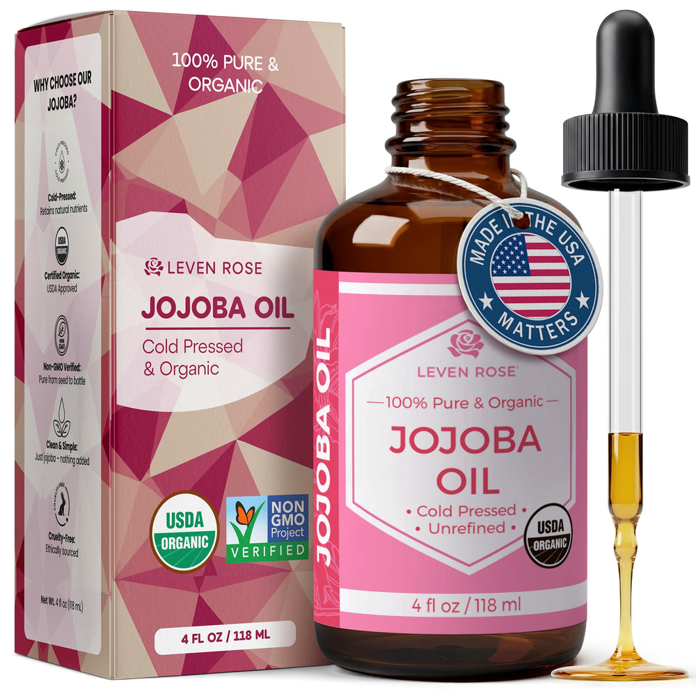 Huile de jojoba Leven Rose dans une bouteille ambrée, hydratation légère et efficace.