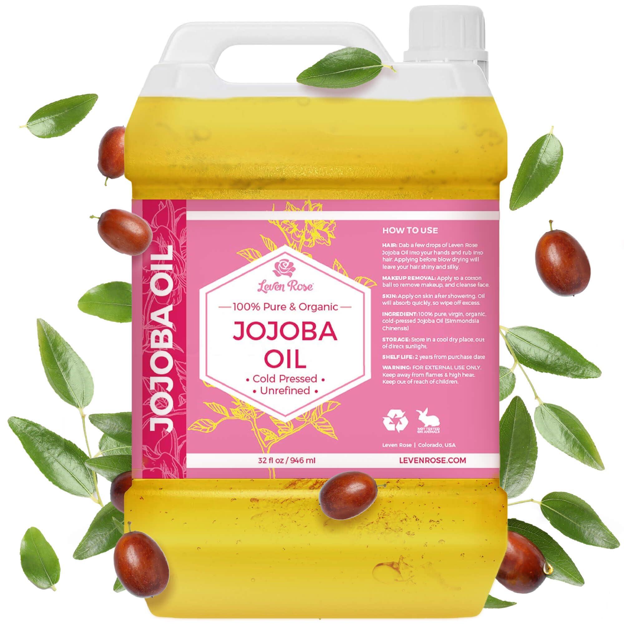 Huile Leven Rose jojoba en vrac 32oz en bouteille, hydratation douce pour peau