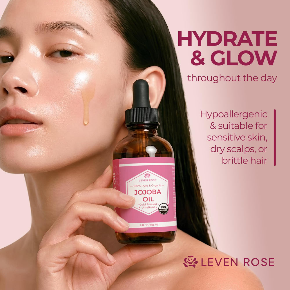 Visage et peau rayonnants après l'application de l'huile de jojoba Leven Rose.