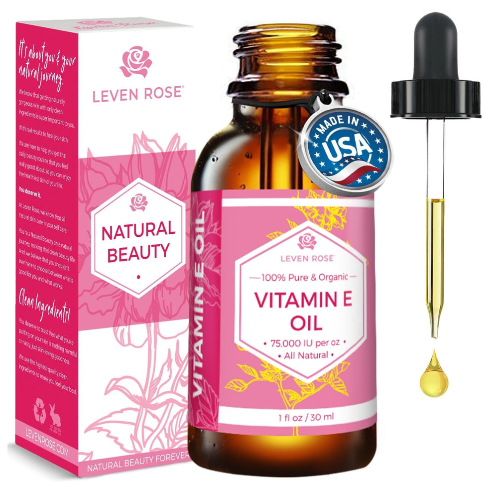 Leven Rose huile vitamine E en bouteille avec pipette pour hydratation et éclat durable.