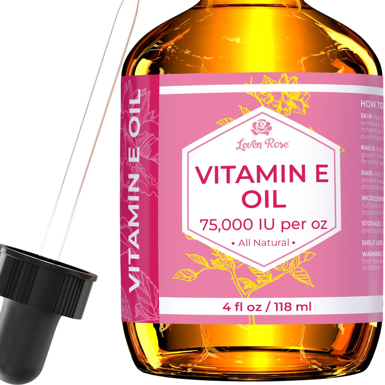 Leven Rose huile vitamine E en bouteille, hydratation douce pour la peau