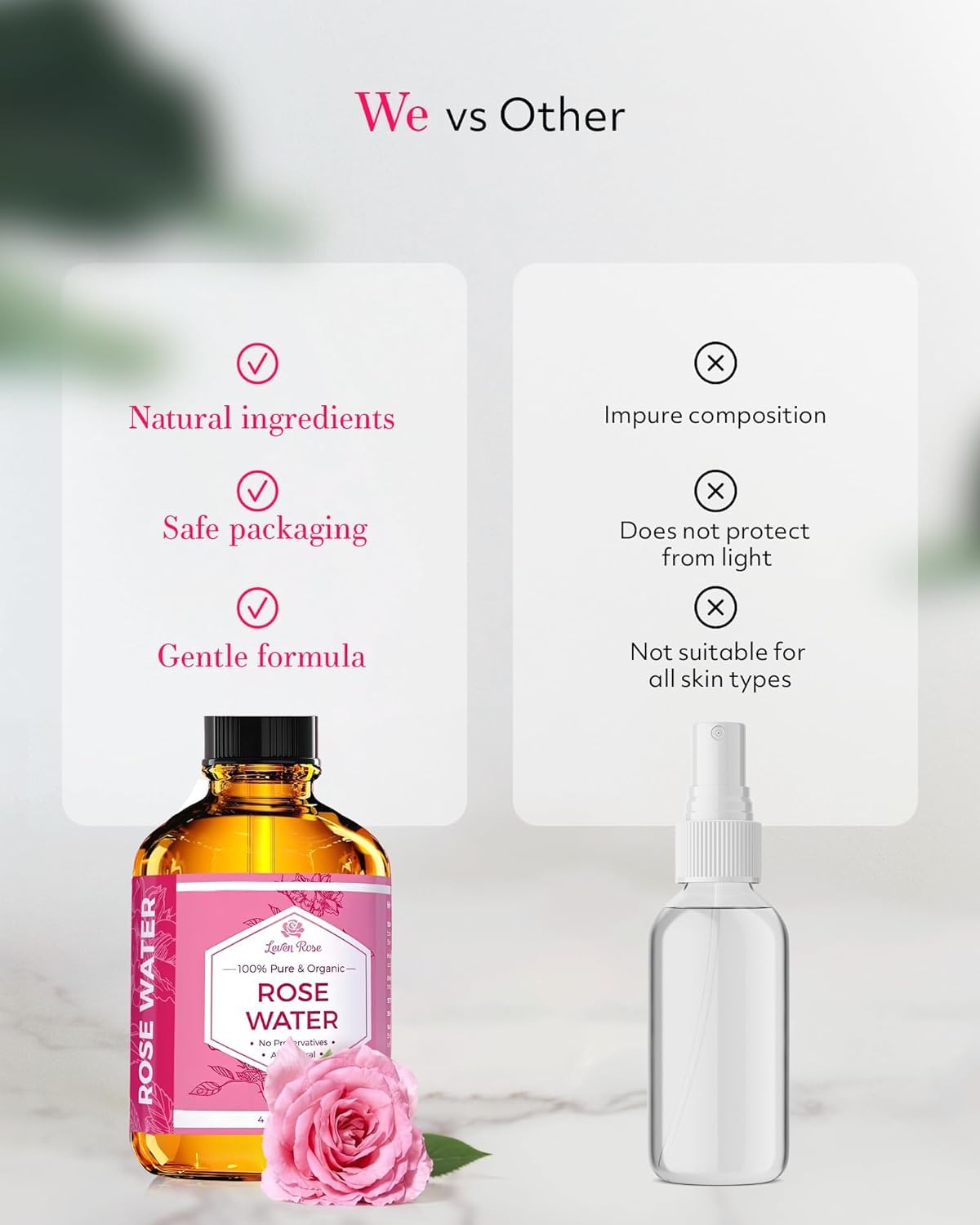 Leven Rose hydrosol pur sans alcool, idéal pour peaux sensibles.