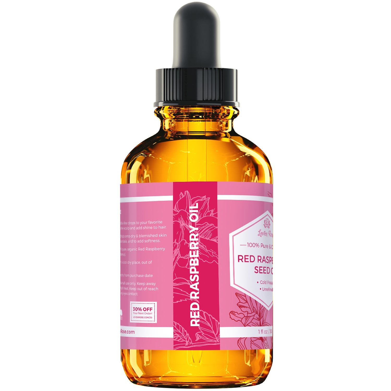 Leven Rose Raspberry Seed Oil ingredients label highlights organic status and antioxidant-rich formula.