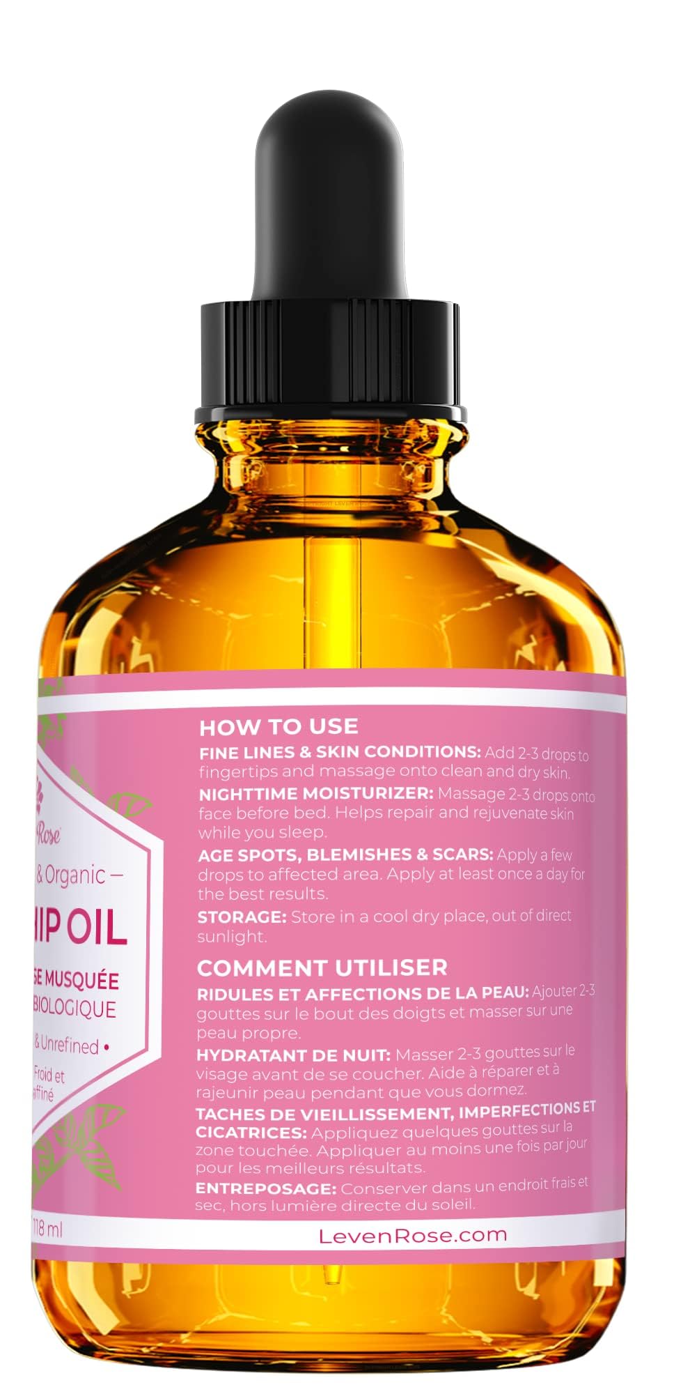 Leven Rose rosehip oil used on body for hydrating and renewing skin.