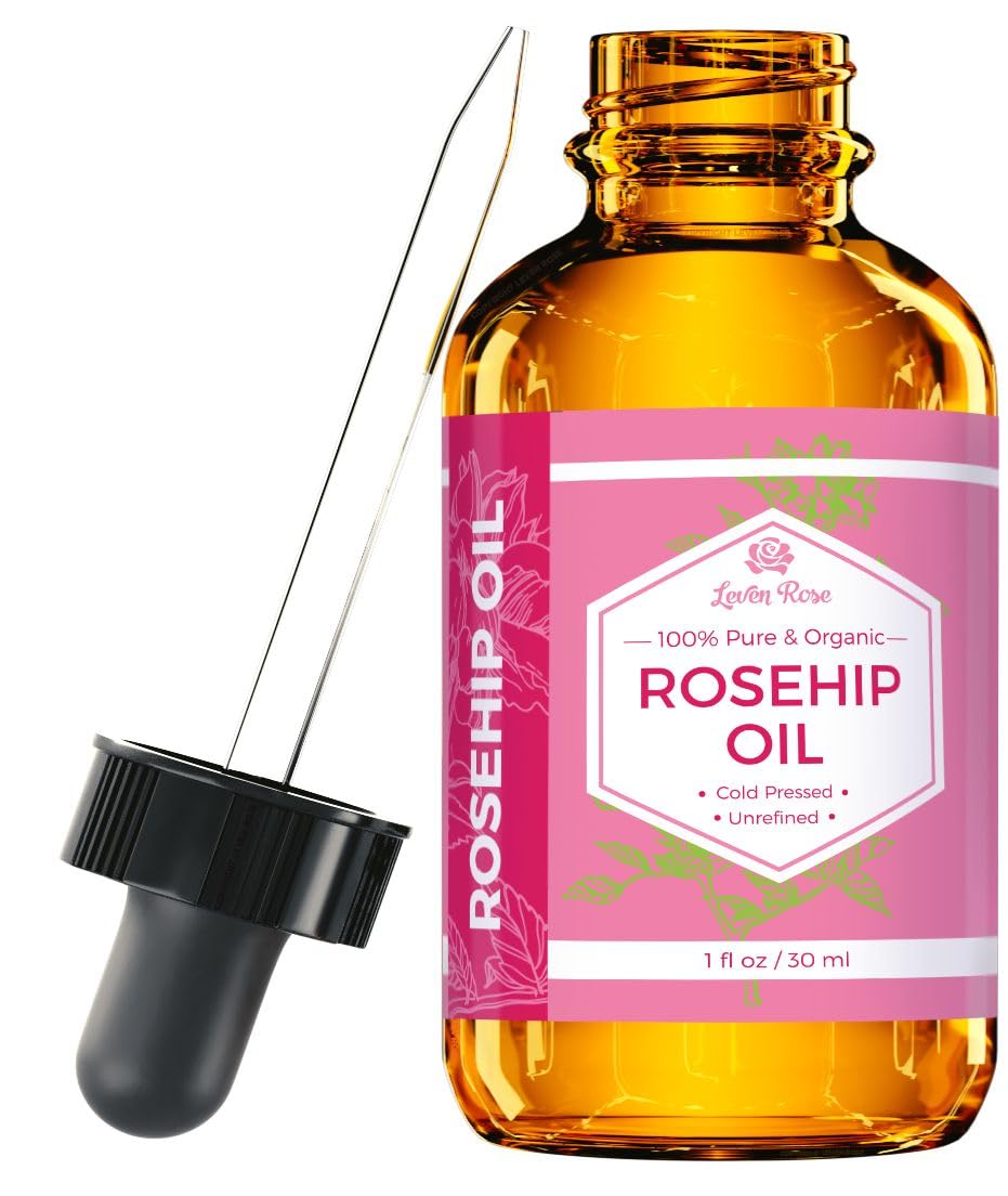 Leven Rose rosehip oil bottle for facial hydration and glow.