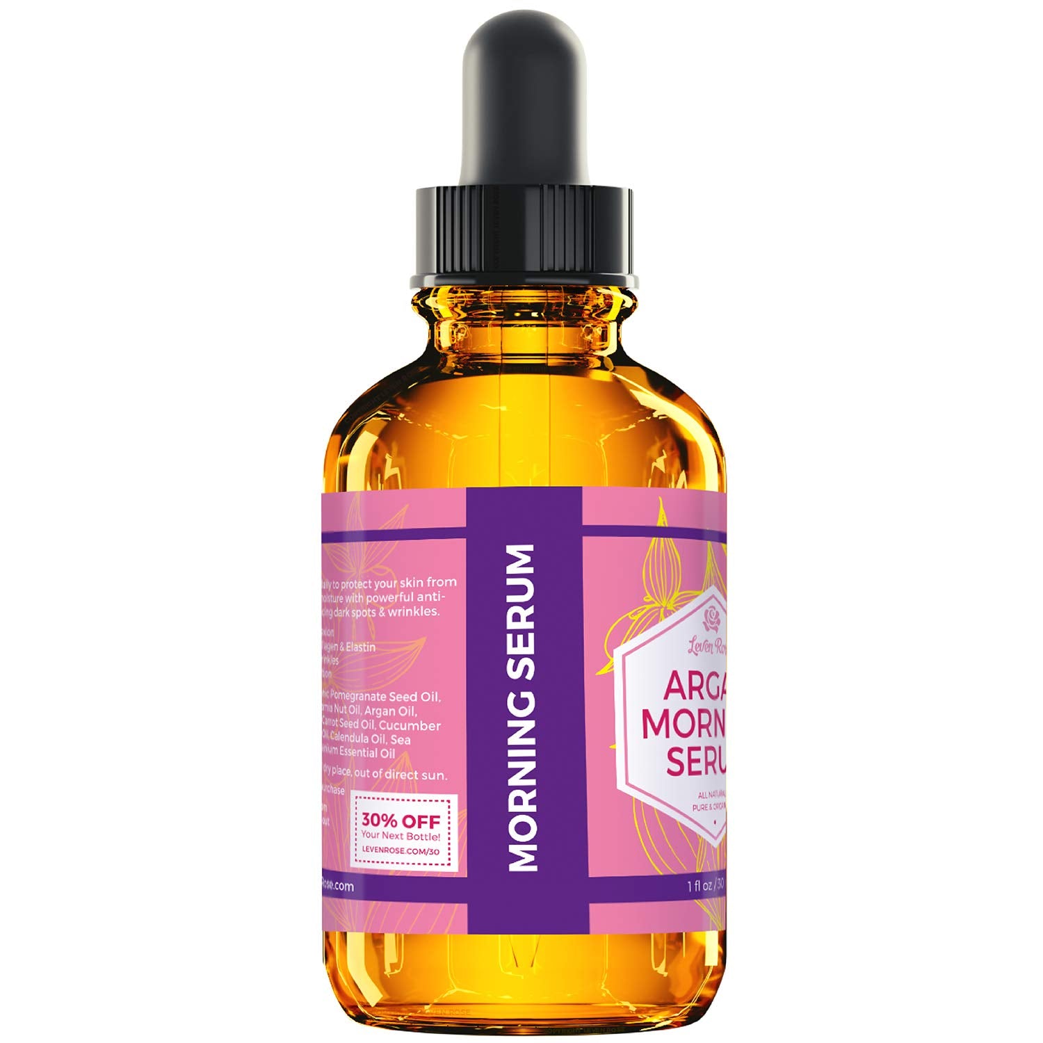 Leven Rose sérum argan: flacon pipette et peau lumineuse après application.