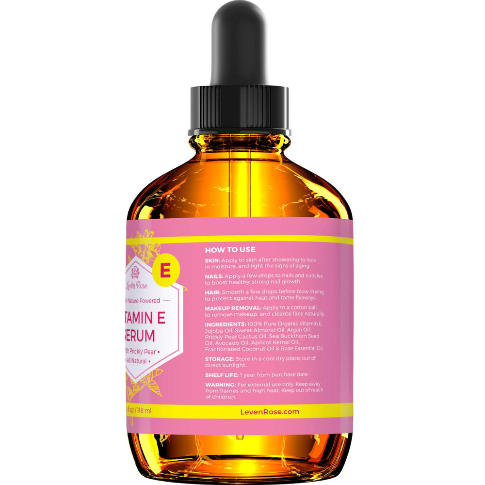 Compact 4 oz bottle of Leven Rose Vitamin E Oil Serum for travel