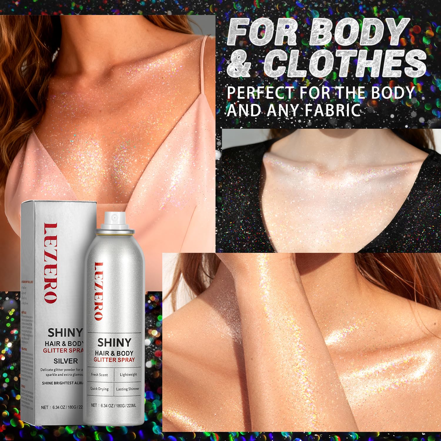 Lezero spray paillettes effet arc-en-ciel sur tenues et maquillage.