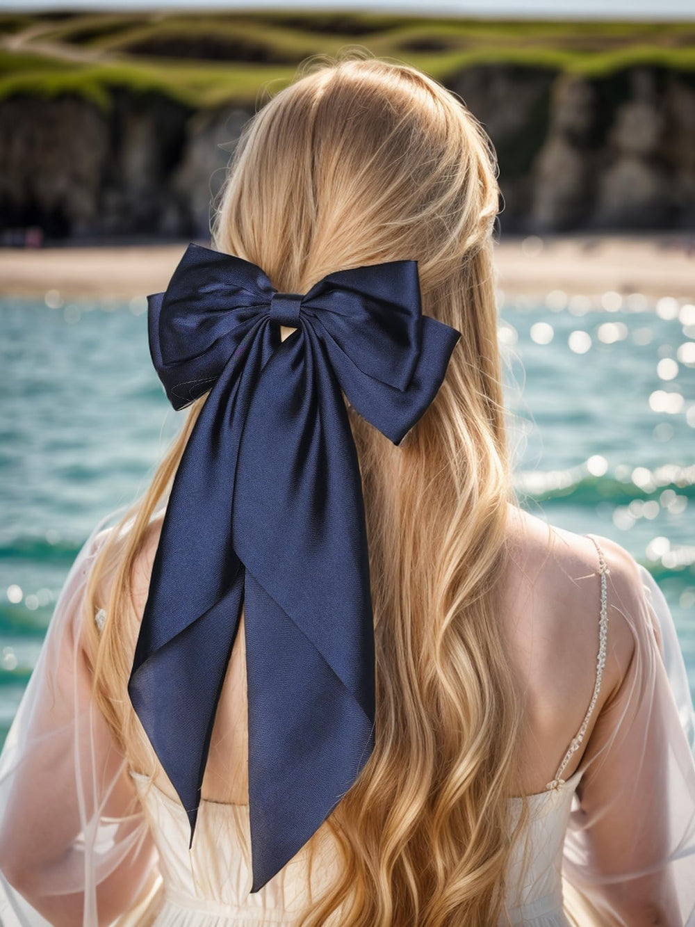 Barrette LFOUVRE noeud satin bleu marine, élégante pour les coiffures de fête.