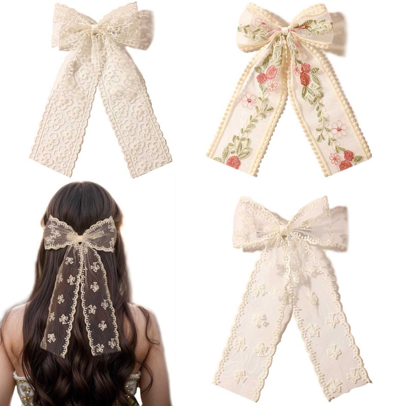LFOUVRE Noeud dentelle beige à fleurs brodées, idéal pour une coiffure élégante.
