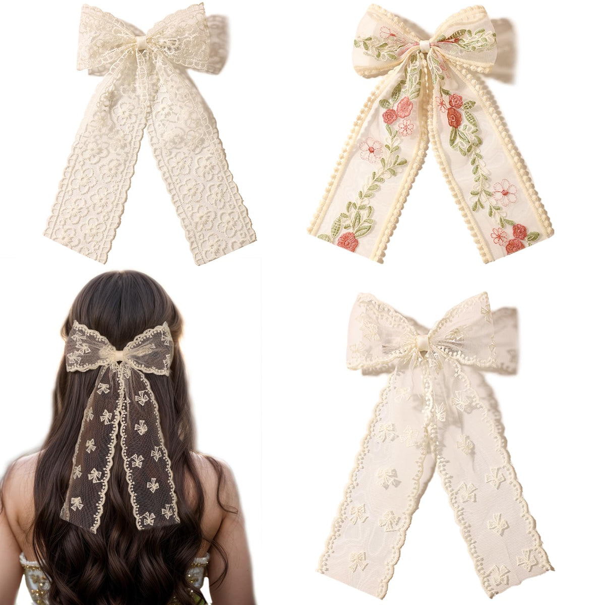 LFOUVRE Noeud dentelle beige à fleurs brodées, idéal pour une coiffure élégante.