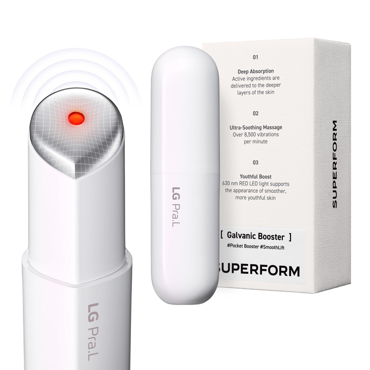 LG Pra.L Superform Galvanique Booster Mystic White – bottle élégante pour un teint lumineux et pratique.