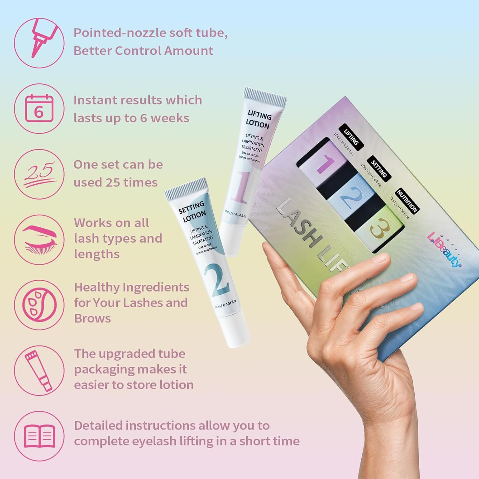 Libeauty design tubulaire lift-cils, dose précise et contrôle.