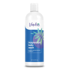 Gel douche magnésium Life-Flo, bouteille affichant l'étiquette, hydratant et rafraîchissant.