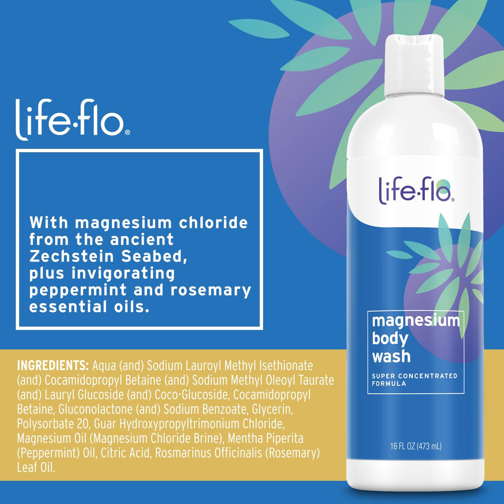 Gel douche magnésium Life-Flo, pompe du flacon en action, utilisation quotidienne.