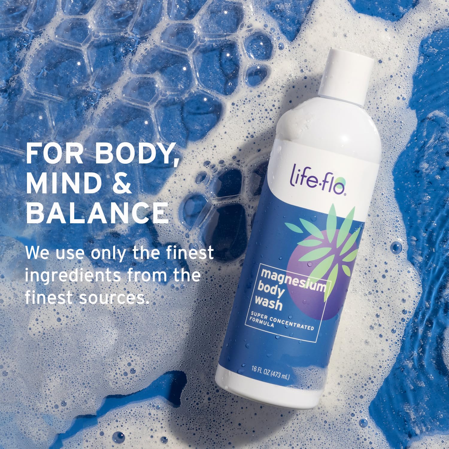 Gel douche magnésium Life-Flo, romarin, peau tonifiée et douce.