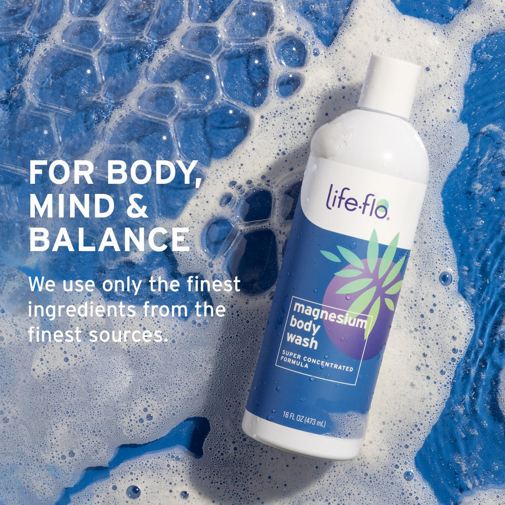 Gel douche magnésium Life-Flo, romarin, peau tonifiée et douce.