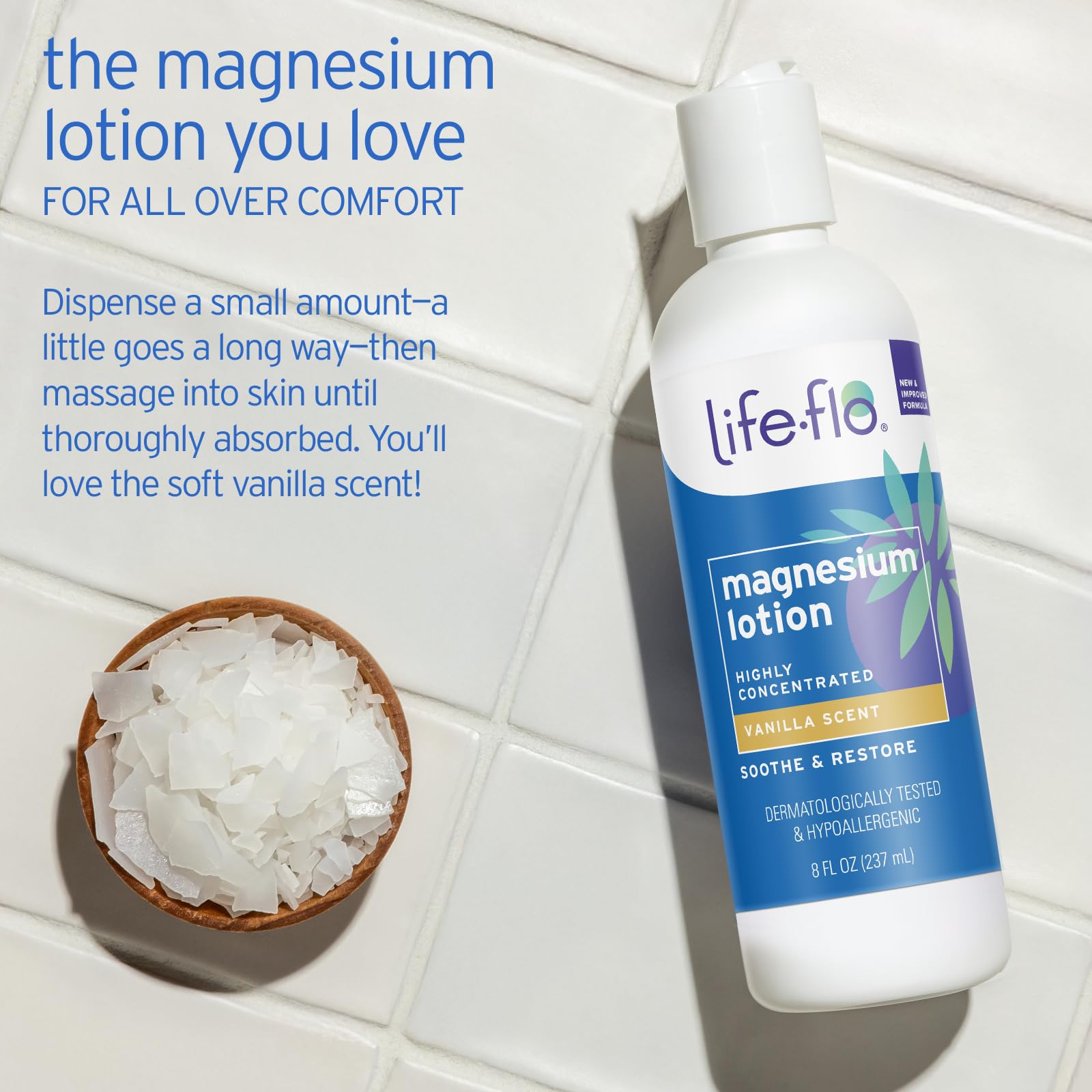 LIFE-FLO Magnesium Lotion : ingrédients riches comme beurre de karité et huile de coco pour nourrir la peau.