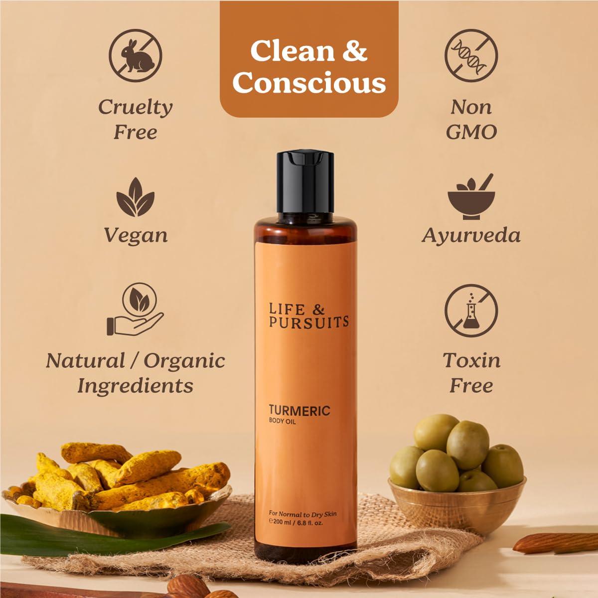 Life & Pursuits Turmeric Body Oil – absorption rapide et fini non gras après douche.