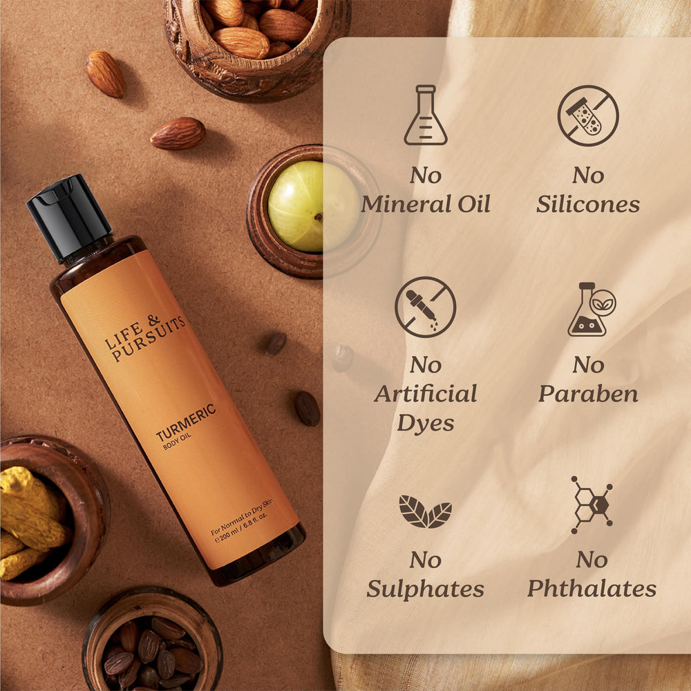 Life & Pursuits Turmeric Body Oil – ingrédients naturels pour nourrir la peau.