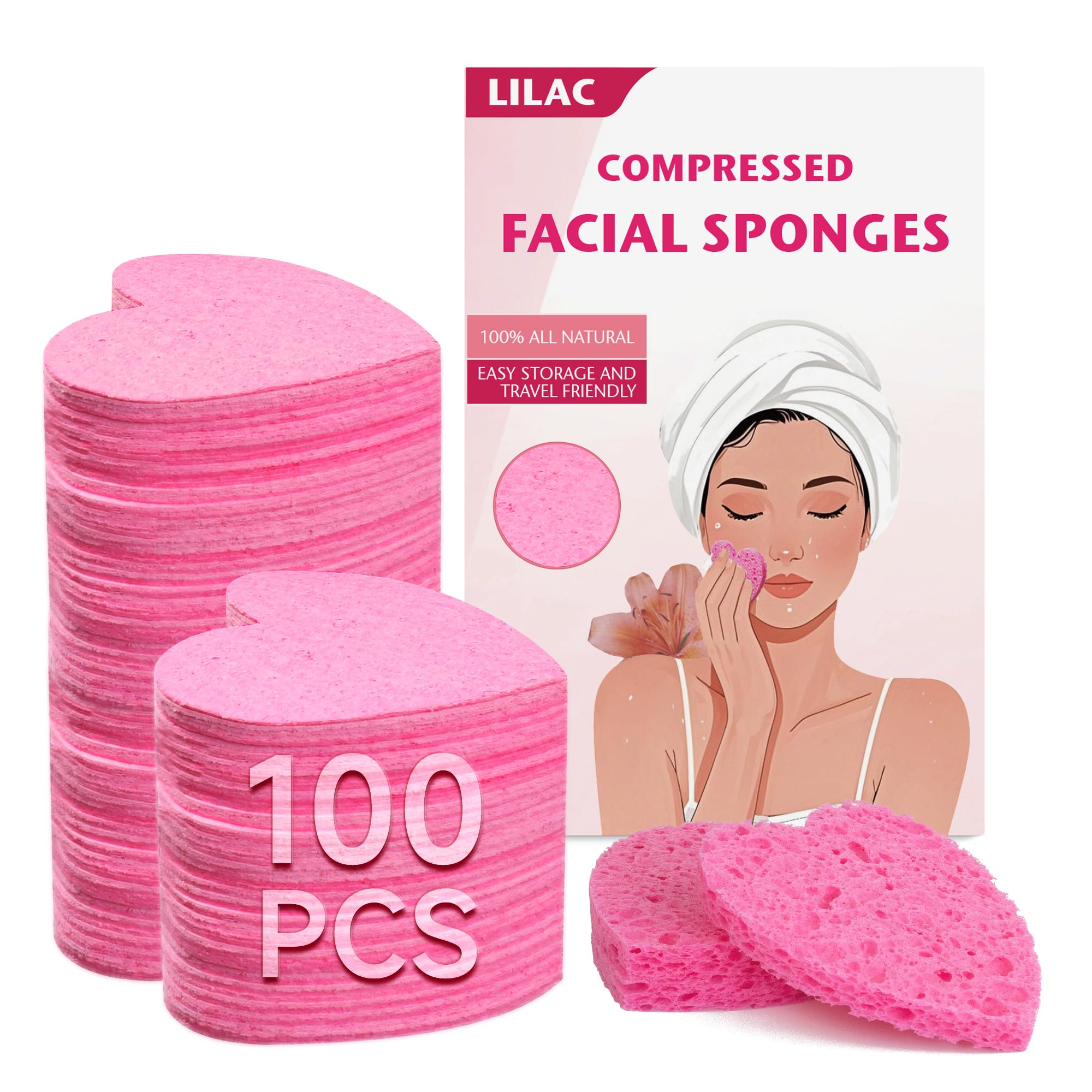 Éponge visage Lilac cœur rose compressée prête pour le nettoyage doux.