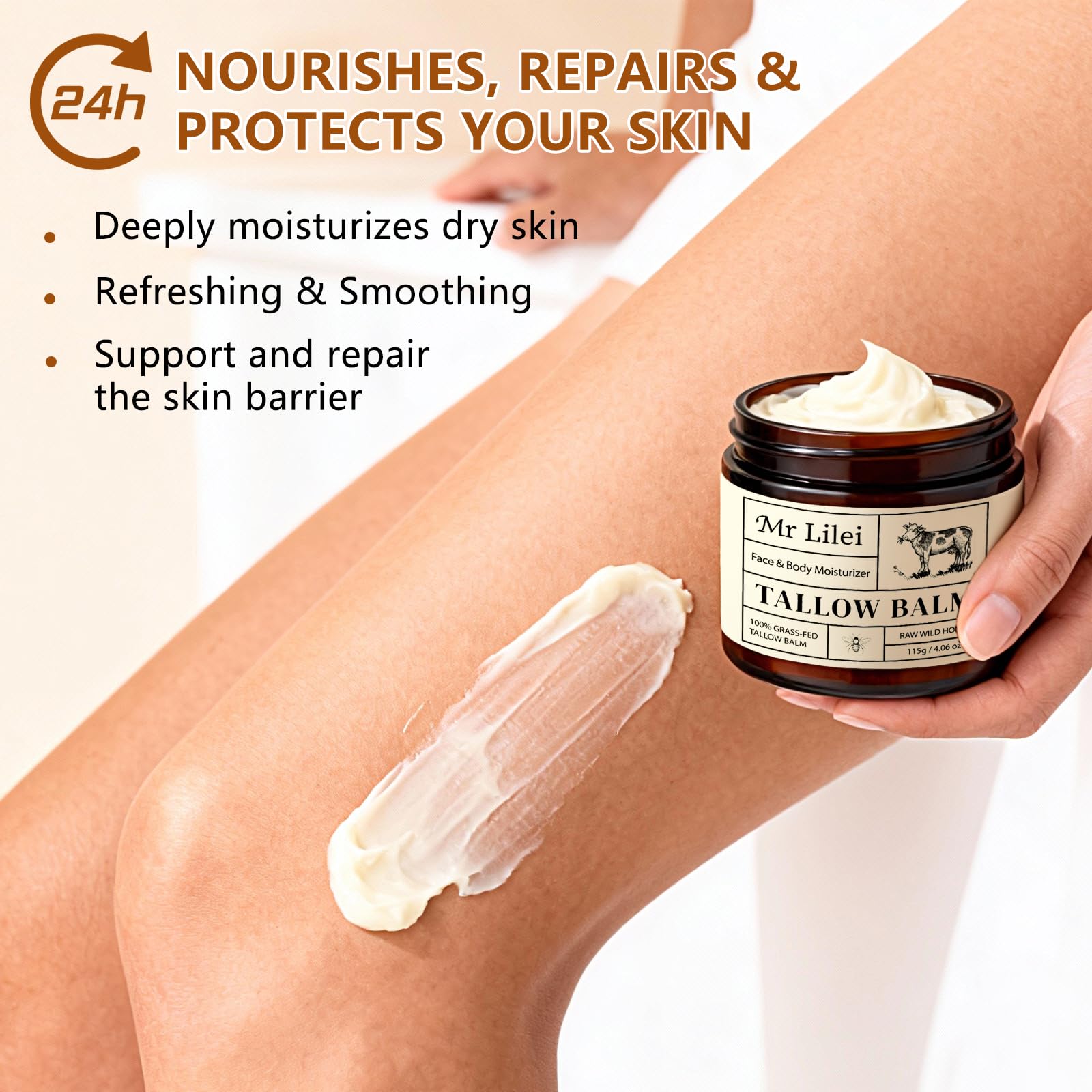 Lilei Beauty honey tallow balm applied on skin softens dry areas.