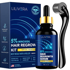 Lilivera 5% Minoxidil bottle pour demonstrates easy application for growth support.