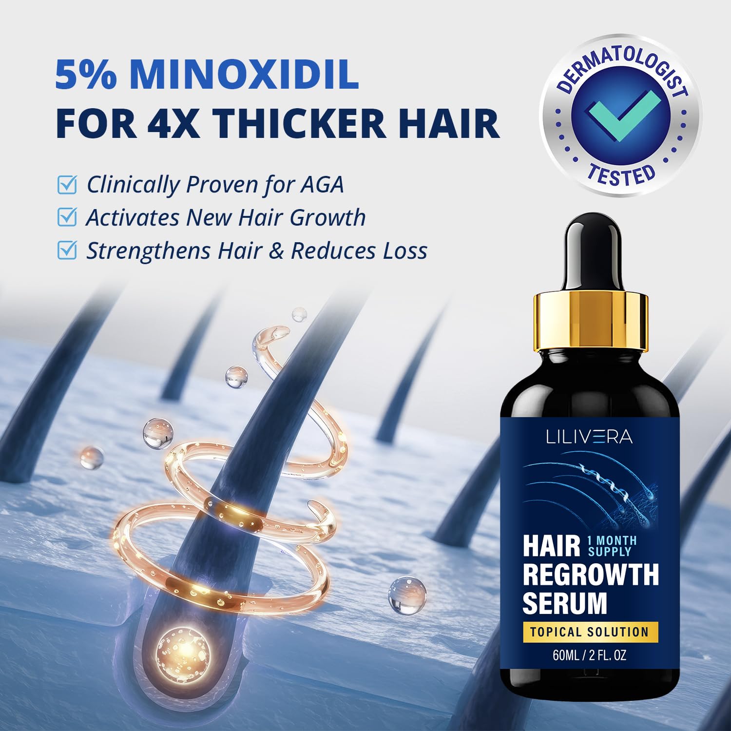 Lilivera biotin regrowth serum application close-up highlights nourishing scalp benefits.