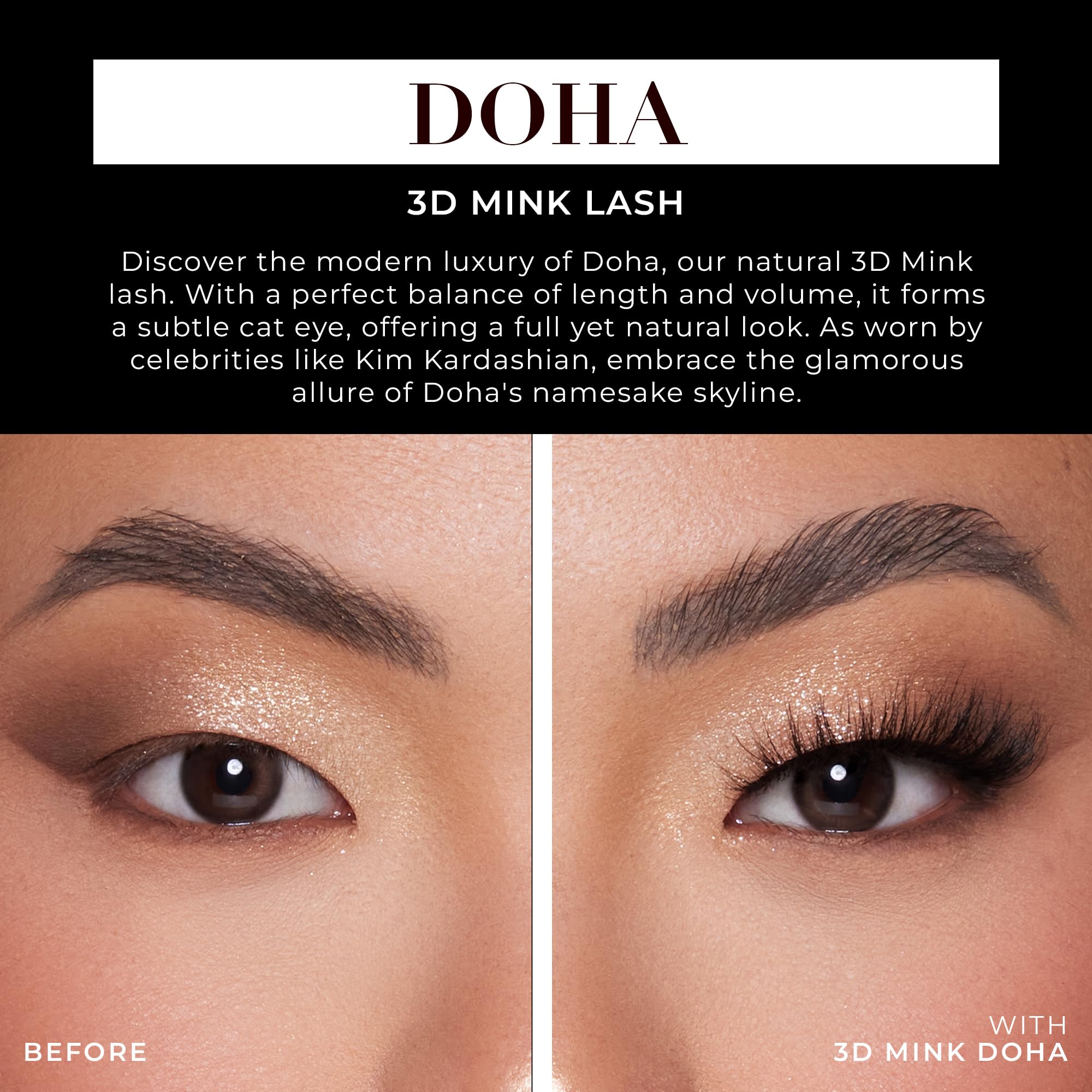 Lilly Lashes Doha 3D Mink regard long dramatique pour intensifier les yeux.