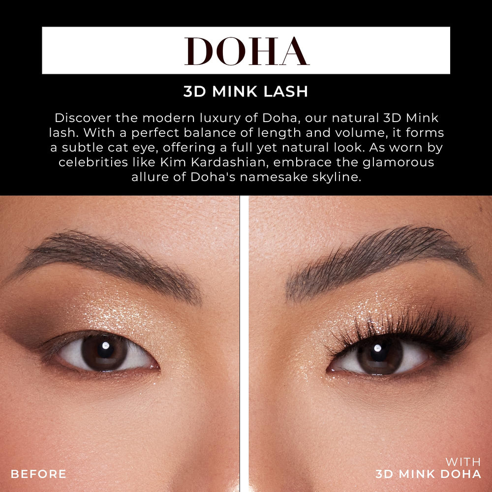 Lilly Lashes Doha 3D Mink regard long dramatique pour intensifier les yeux.