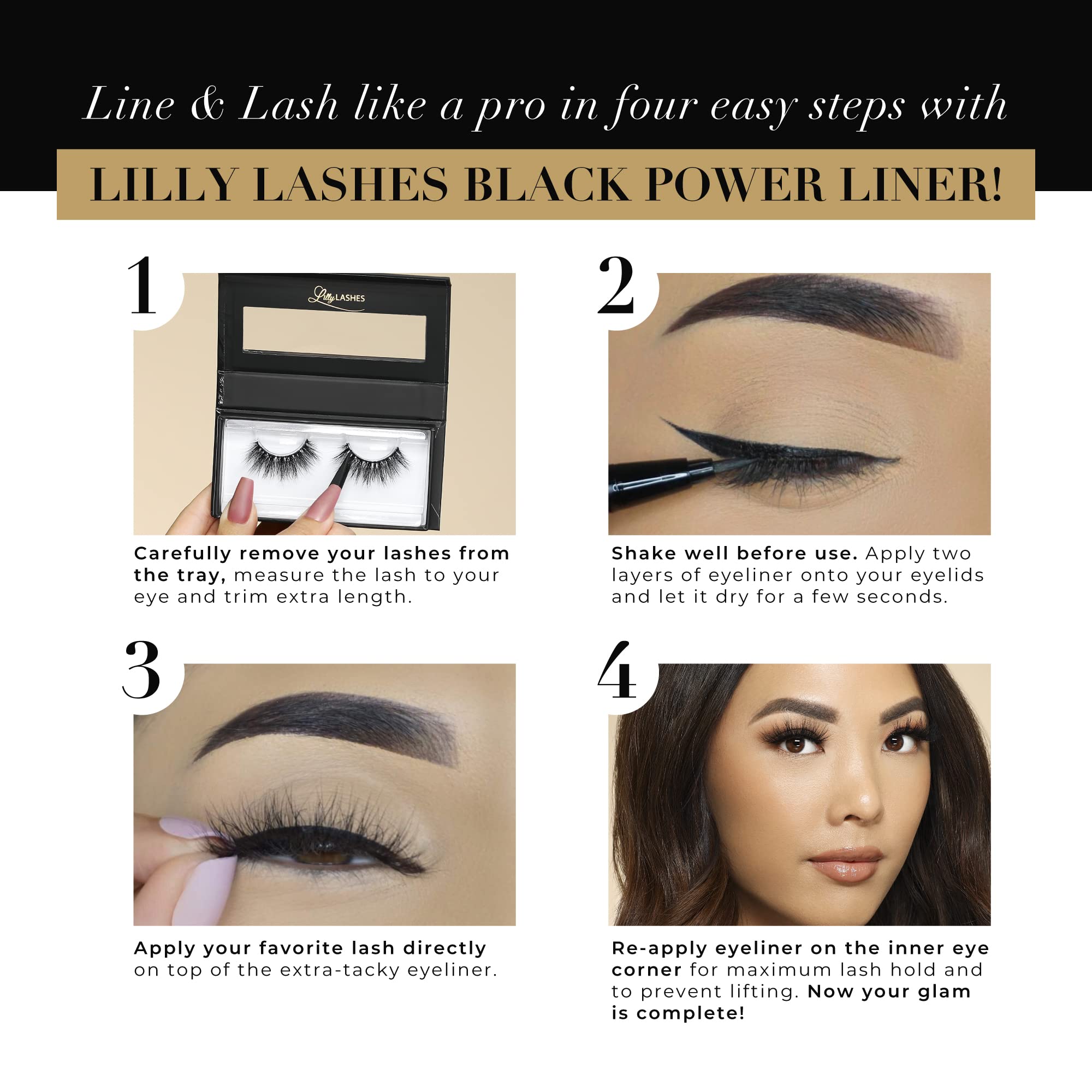 Lilly Lashes Power Liner lash application on eyelid with extra-tacky hold.