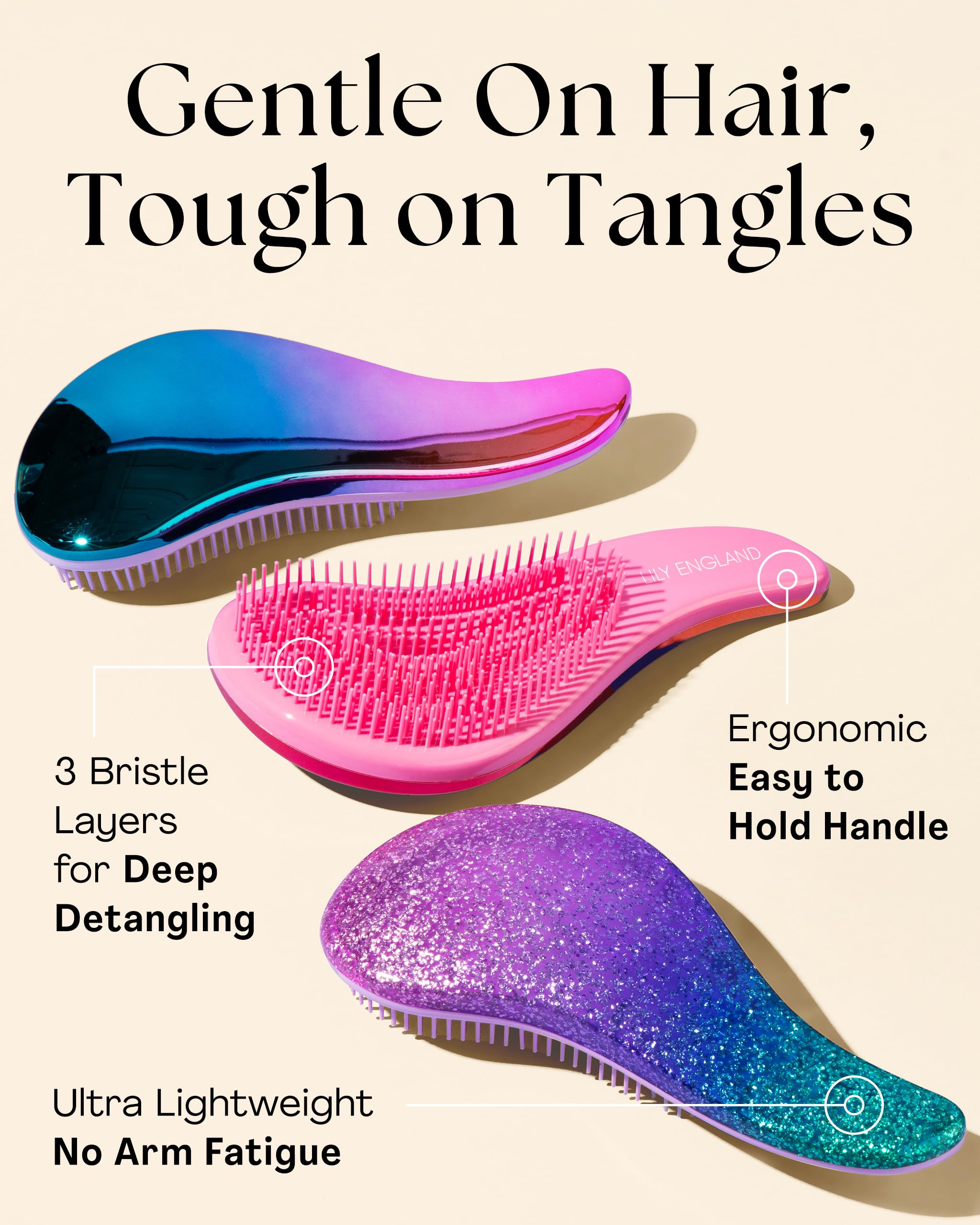 Brosse à dents larges Lily England bleu glitter pour démêlage efficace