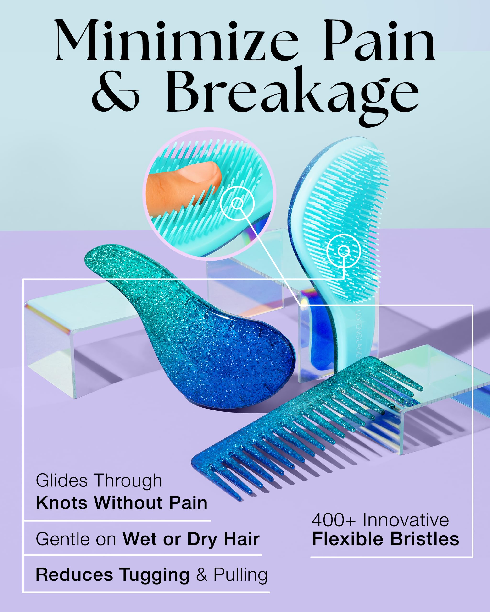 Brosse ergonomique Lily England bleu glitter offre un contrôle confortable