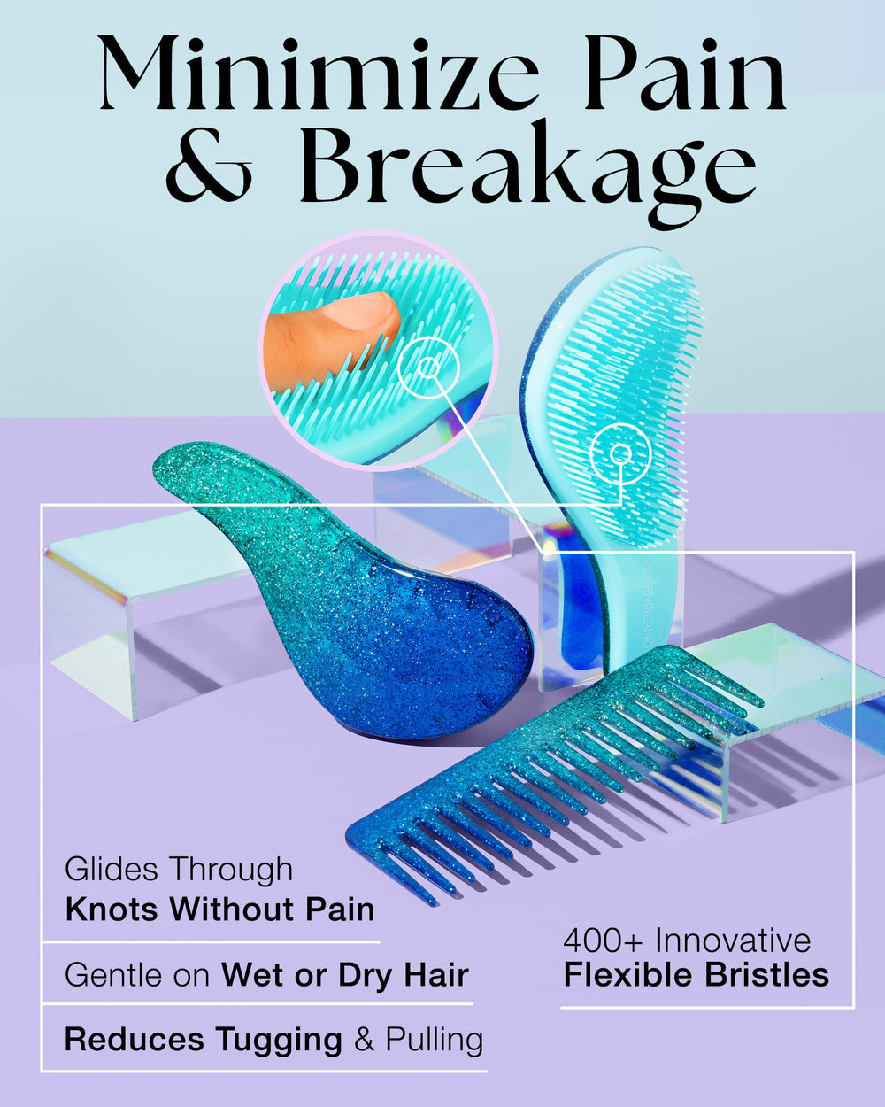 Brosse ergonomique Lily England bleu glitter offre un contrôle confortable