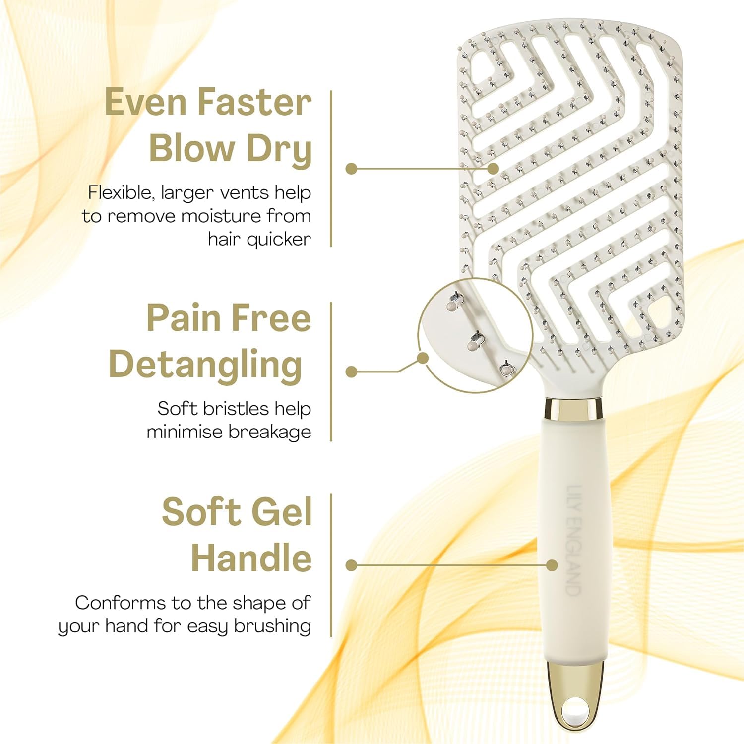Brosse Lily England Paddle beige, grandes ouvertures favorisant le séchage rapide et homogène