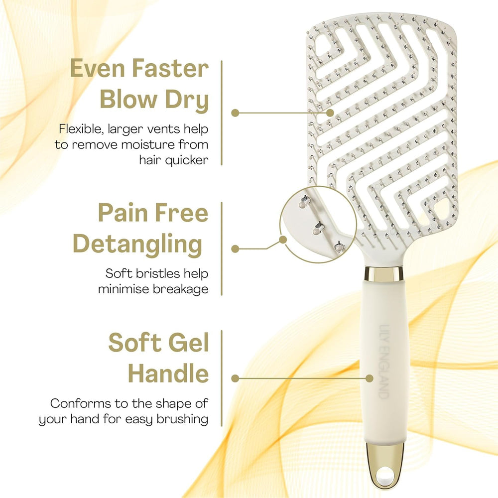 Brosse Lily England Paddle beige, grandes ouvertures favorisant le séchage rapide et homogène