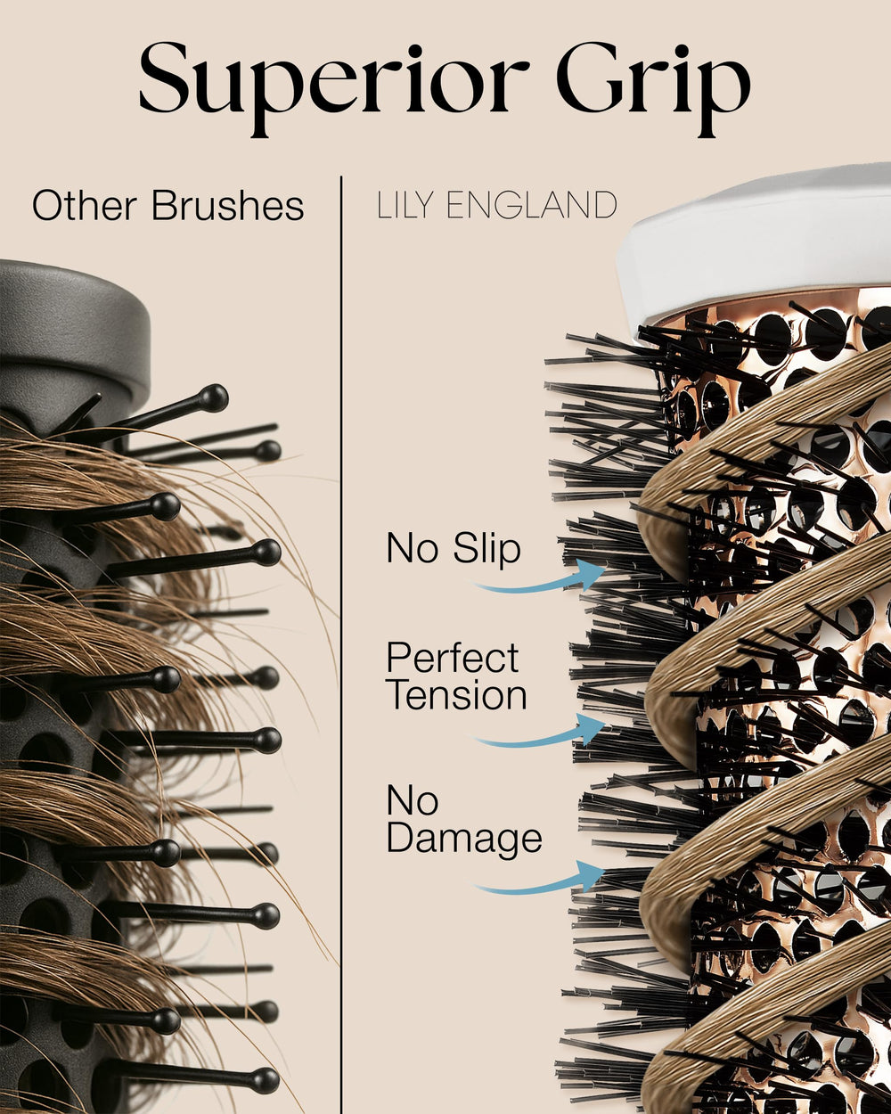 Brosse ronde Lily England grande 76 mm, volume et lift pour cheveux épais.